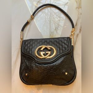Gucci Black GG Embossed Shoulder Bag with Gold Double G
